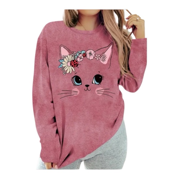 Cute Cat Floral Crown Long Sleeve T-Shirt - Soft Everyday Tops women all sizes - Picture 3 of 4